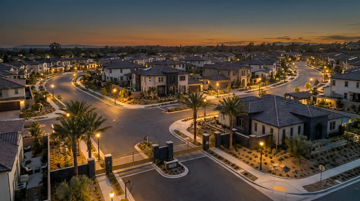 Aerial of a gated master-planned neighborhood at dusk — Mello-Roos explained