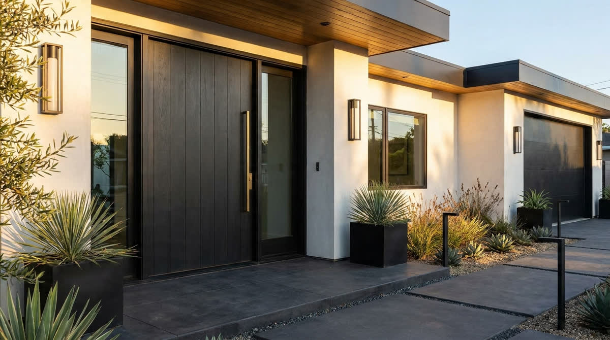 A California home's front door in golden light — buy now vs wait calculator