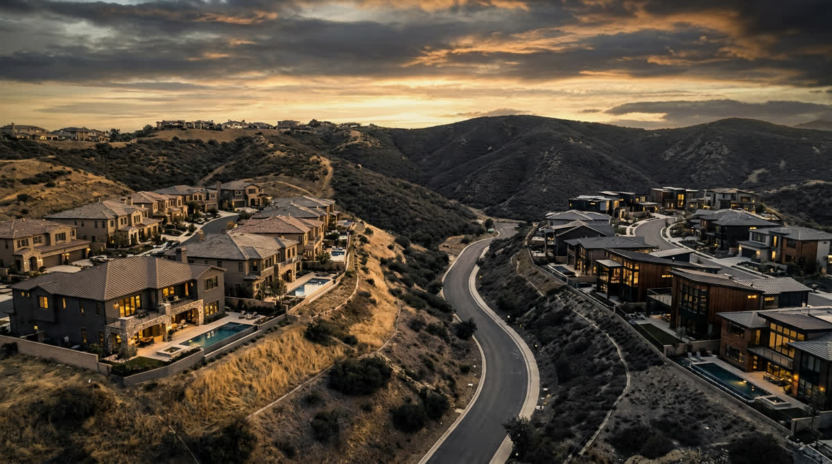 Aerial of two adjacent Southern California neighborhoods — Simi Valley vs Porter Ranch median prices